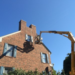 Trifecta Wildlife Services' Owner Chad Soard on an aerial lift completing a bat exclusion