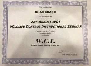 Wildlife Control Training Group certificate of completion for the 22nd annual instructional seminar by Chad Soard, Trifecta Wildlife Services