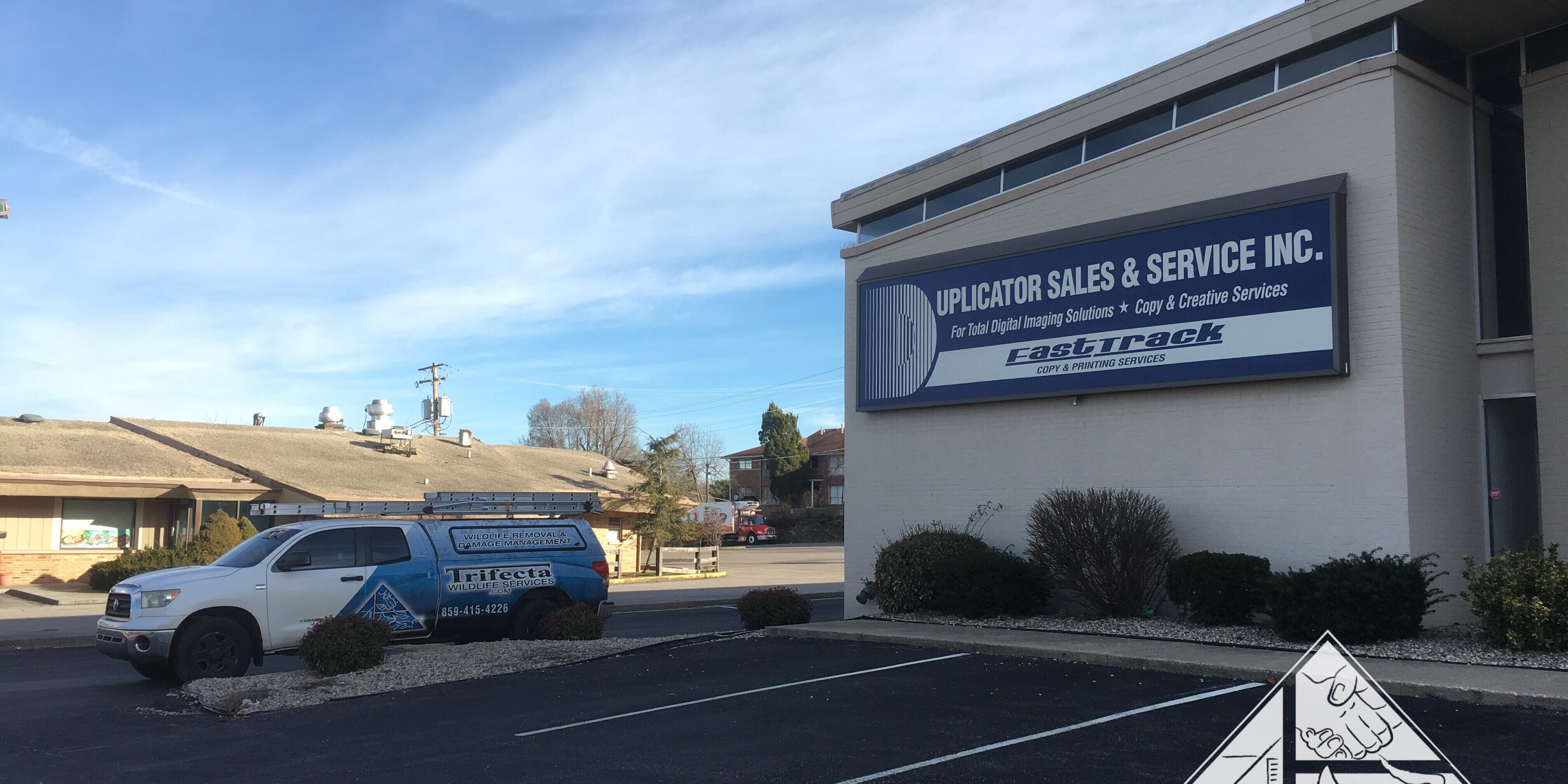 Wide View Bird Proofed Sign Ledge Wide angle view of a completed sign ledge protection system