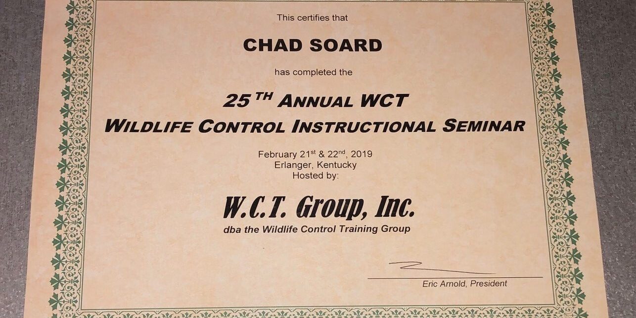 Chad-Soard-2019-Wildlife-Control-Instructional-Seminar-Certificate 2019 WCT Seminar Certificate for Chad Soard Trifecta Wildlife