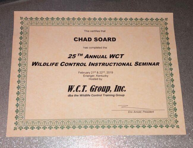 Chad-Soard-2019-Wildlife-Control-Instructional-Seminar-Certificate 2019 WCT Seminar Certificate for Chad Soard Trifecta Wildlife