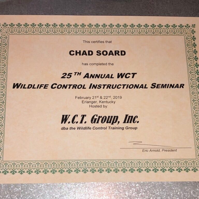 Chad-Soard-2019-Wildlife-Control-Instructional-Seminar-Certificate 2019 WCT Seminar Certificate for Chad Soard Trifecta Wildlife