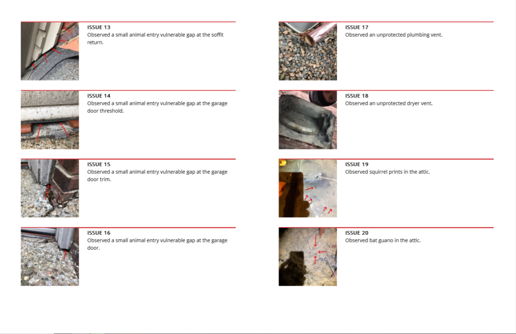 Example page of a Trifecta Wildlife Inspection Report