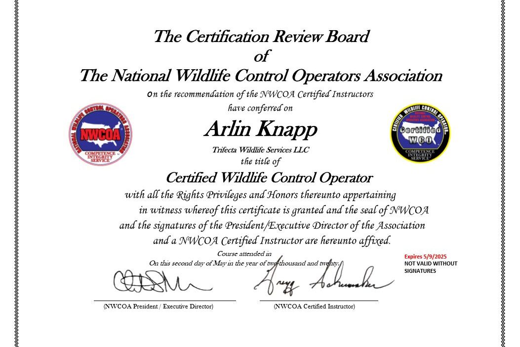 Arlin Knapp Certified Wildlife Control Operator Certificate NWCOA