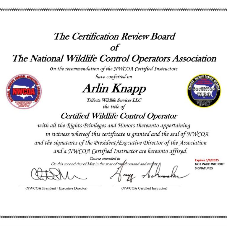 Certified Wildlife Control Operator NWCOA Certificate Arlin Knapp Trifecta Wildlife Services Arlin Knapp Certified Wildlife Control Operator Certificate NWCOA