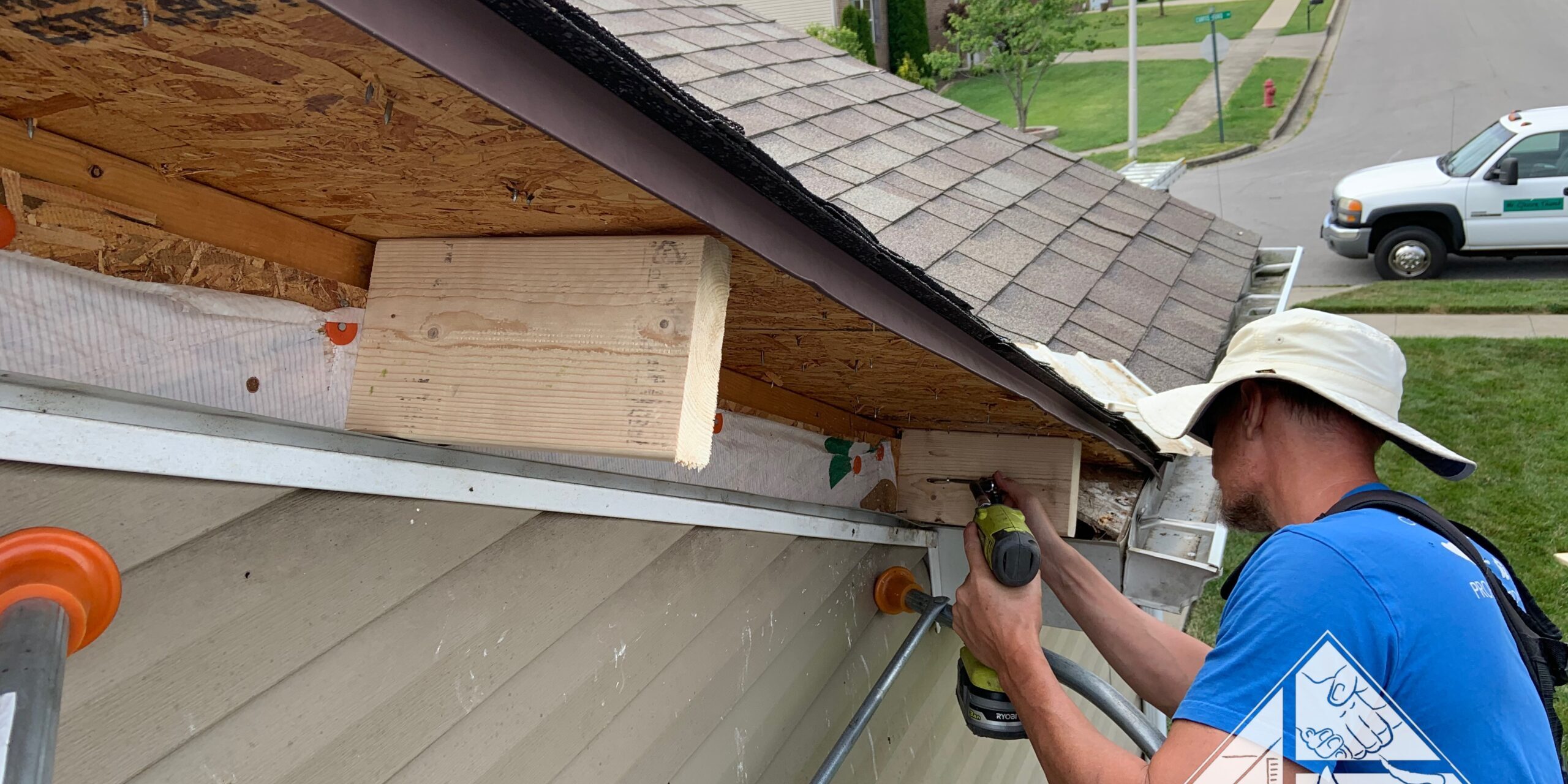 Tim Installing Soffit Bracing Tim installing cross braces for the new fascia board to secure to