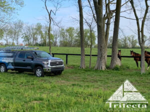 Trifecta Wildlife Services truck parked along some horses on a Lexington KY farm.